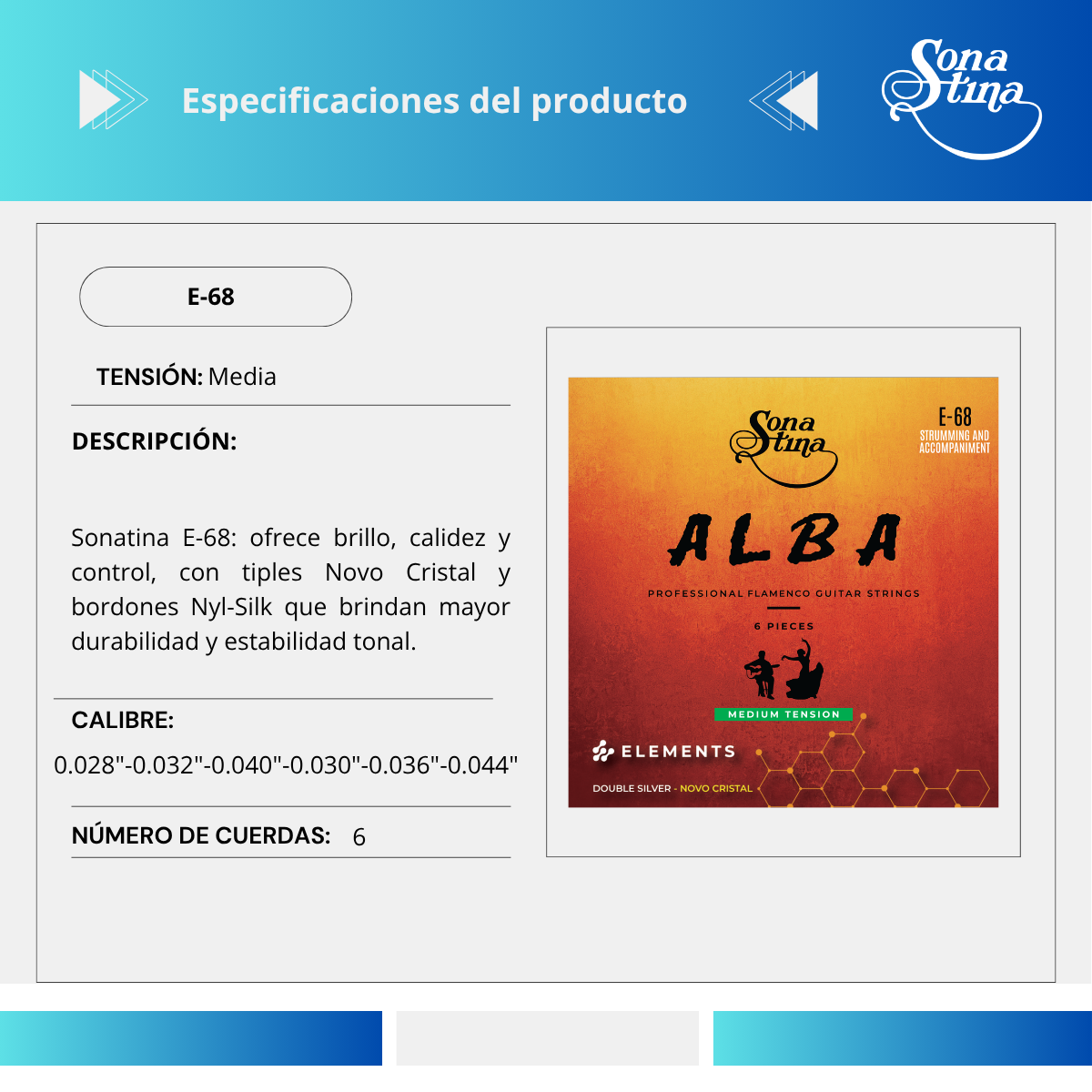 Elements Alba E-68 Tensión Media Cuerdas para Guitarra Profesional Flamenco