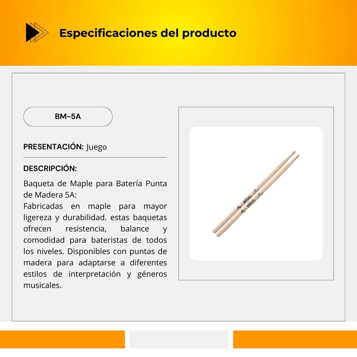 Baqueta de Maple para Batería Punta de Madera 5A BM-5A