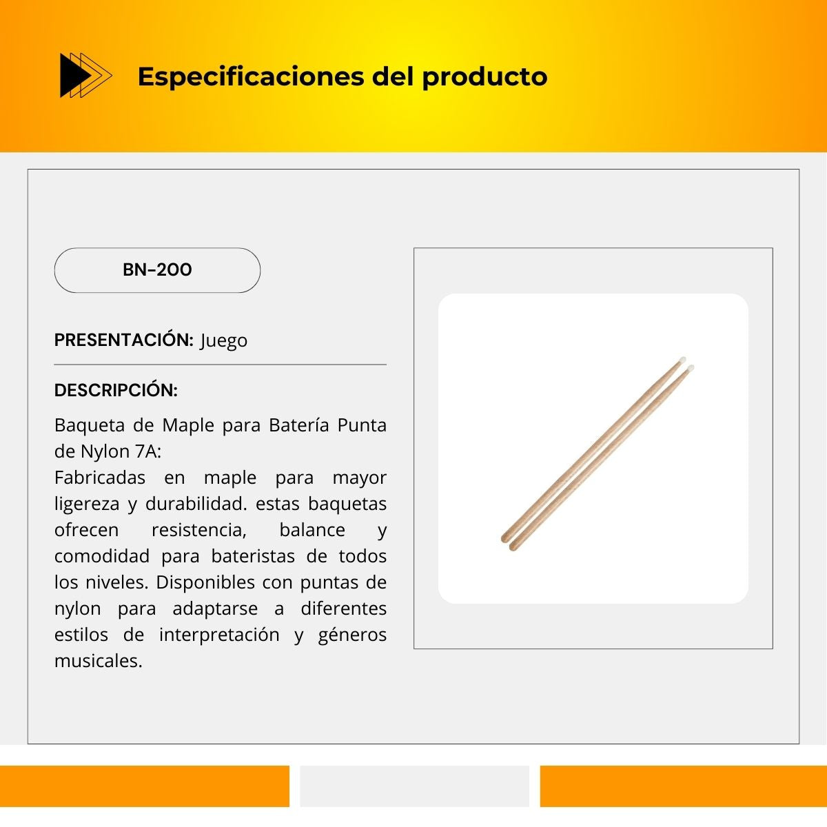 Baqueta de Maple para Batería Punta de Nylon 2B BN-200