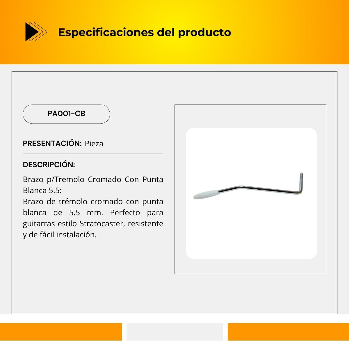 Brazo Para Tremolo Cromado Con Punta Blanca 5.5 PA001-CB