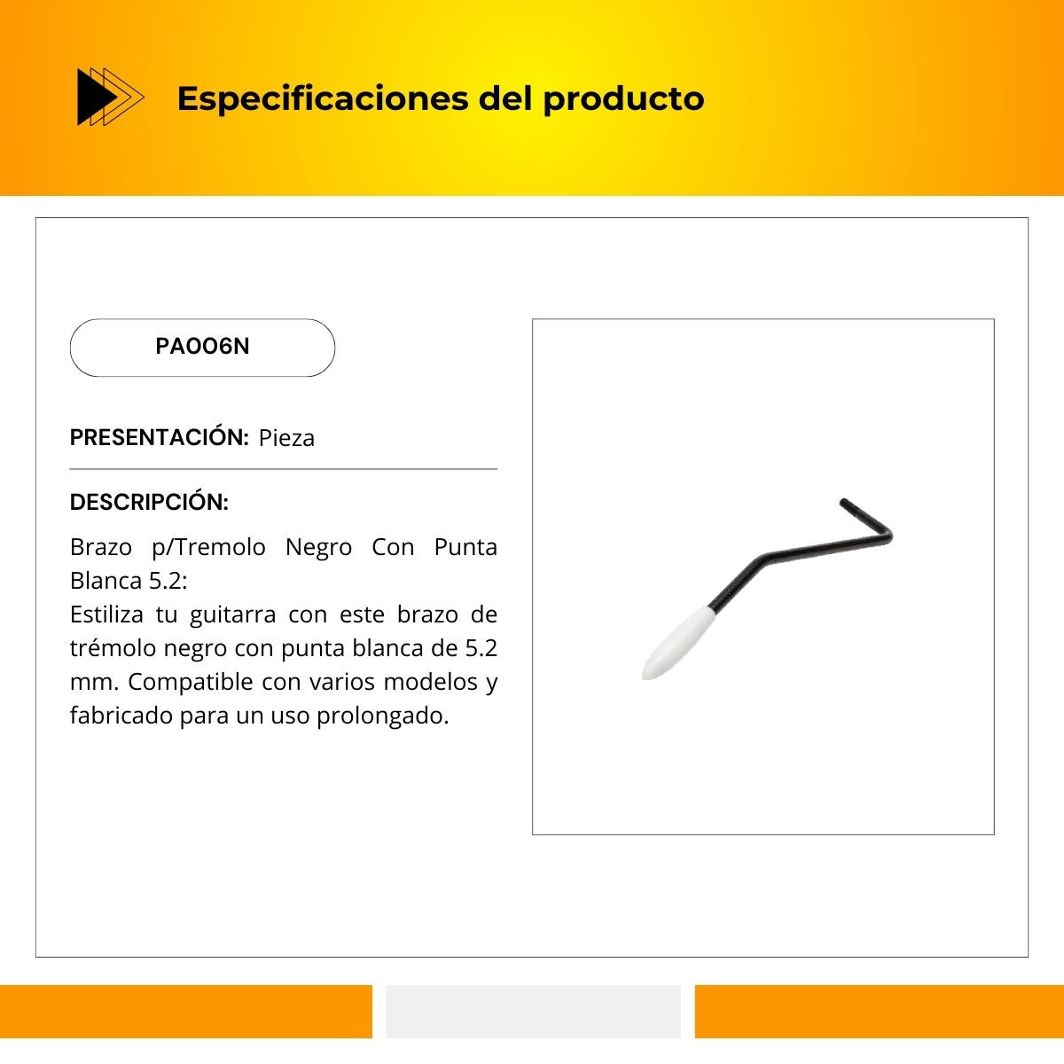 Brazo Para Tremolo Negro Con Punta Blanca 5.2 PA006N