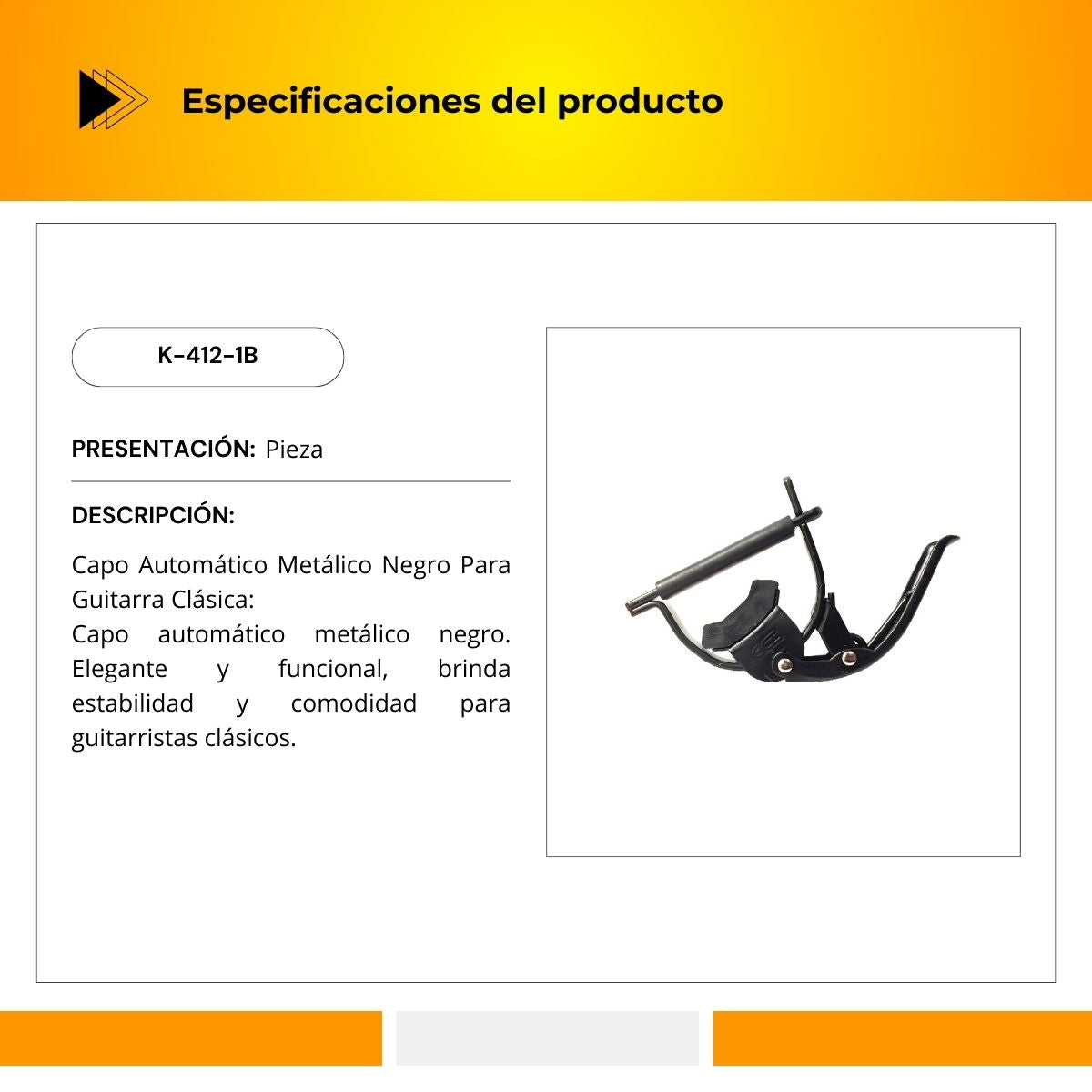 Capo Automático Metálico Cromado Para Guitarra Clásica K-412-1B