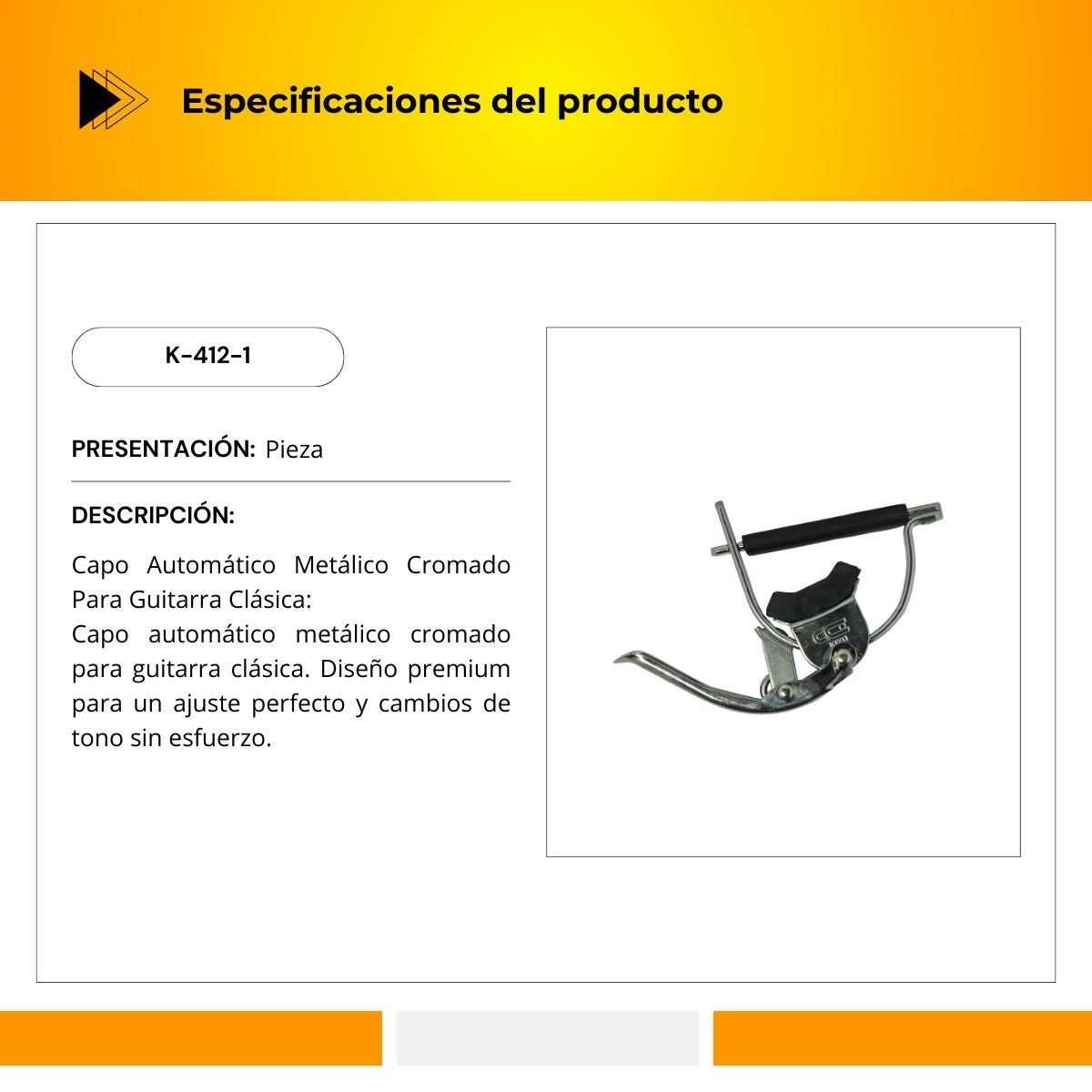 Capo Automático Metálico Cromado Para Guitarra Clásica K-412-1