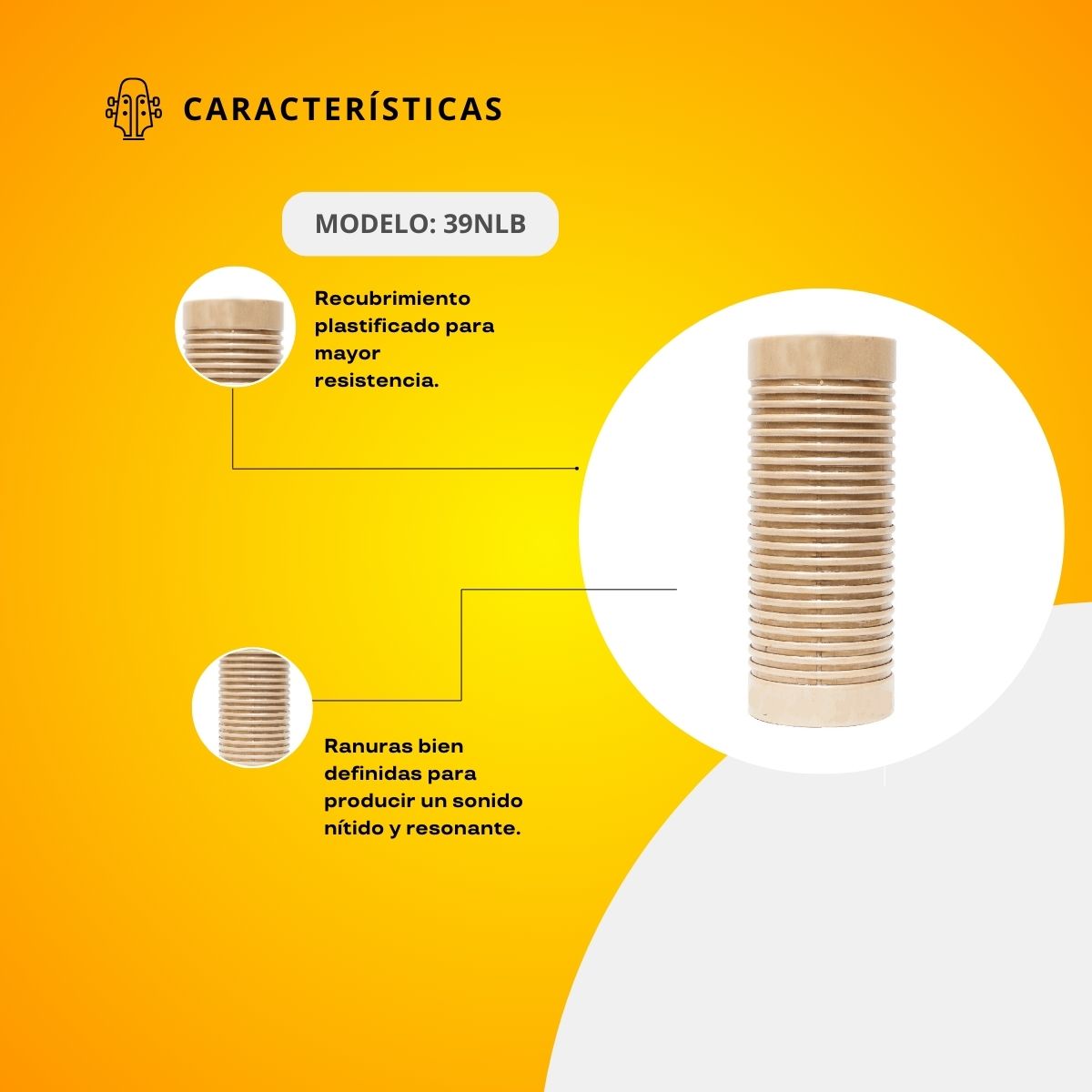 Güiro de Madera Plastificado Nácar Liso Tono Bajo 39NLB