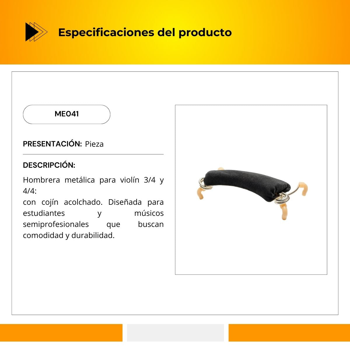 Hombrera Metálica Para Violín 3/4 y 4/4 ME041