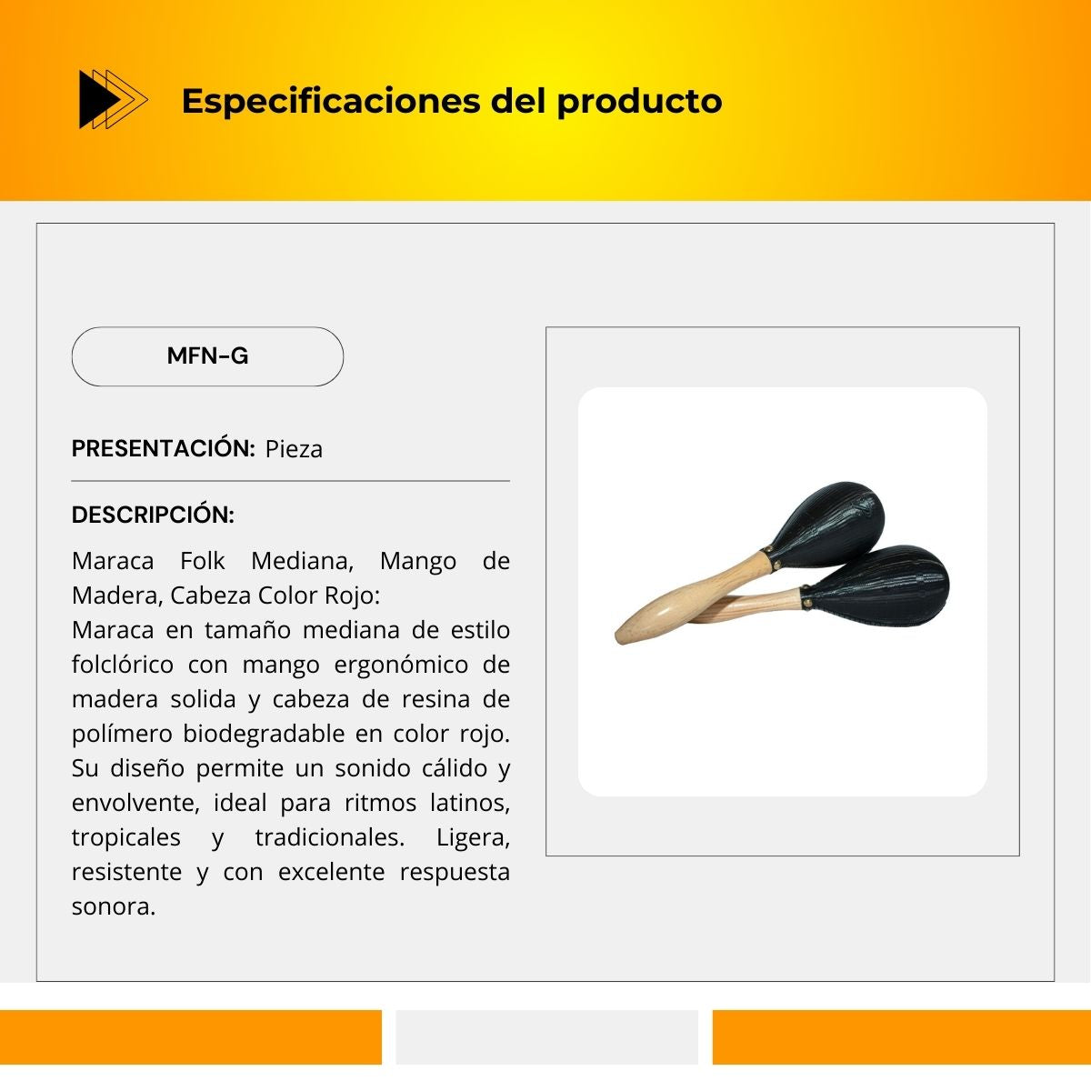 Maraca Folk Grande Mango de Madera Cabeza Color Negro MFN-G
