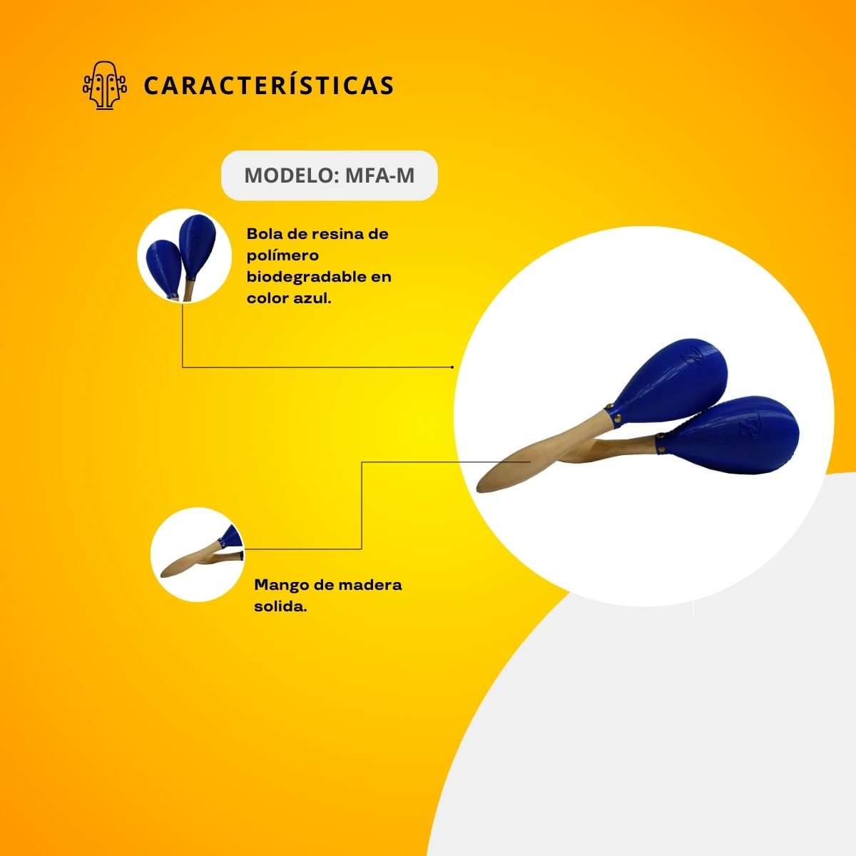 Maraca Folk Mediana Mango de Madera Cabeza color Azul MFA-M