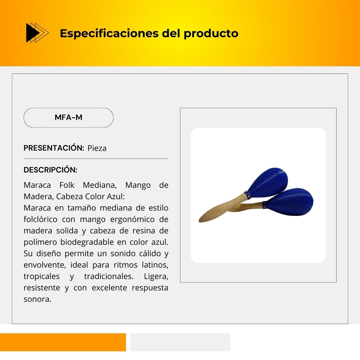 Maraca Folk Mediana Mango de Madera Cabeza color Azul MFA-M