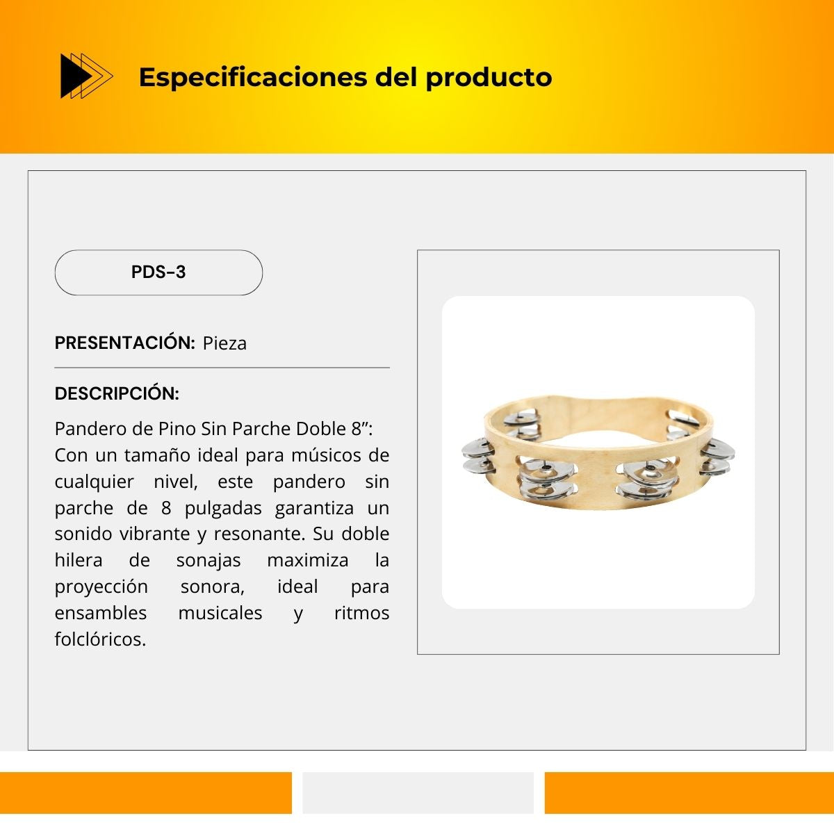 Pandero De Pino Sin Parche Doble 8" PDS-3