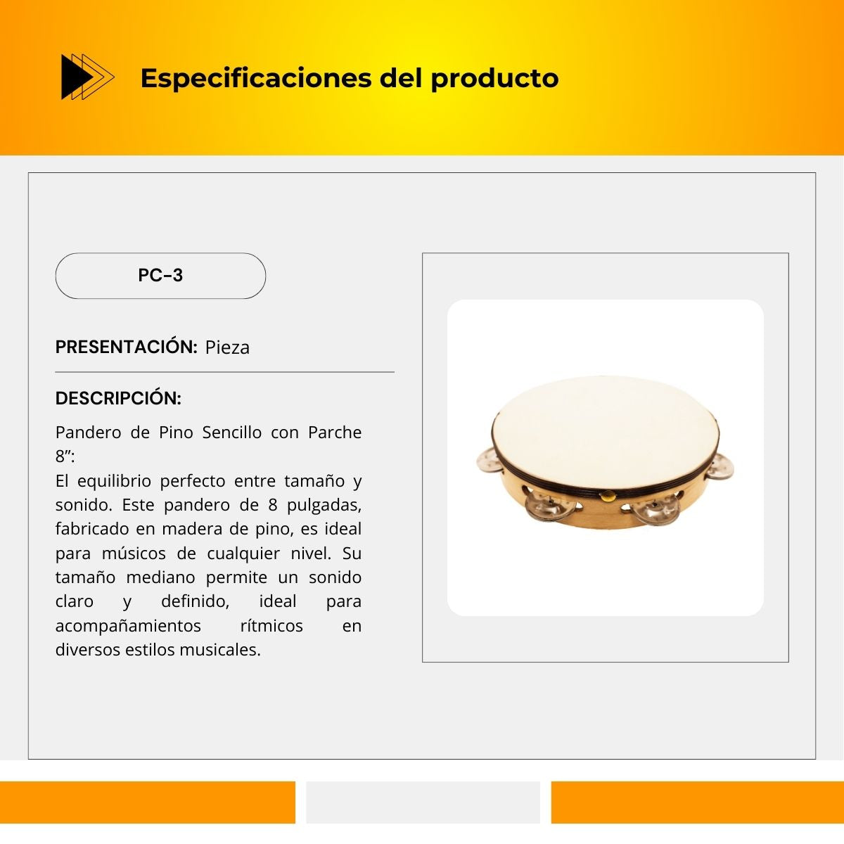 Pandero de Pino Sencillo con Parche 8" PC-3
