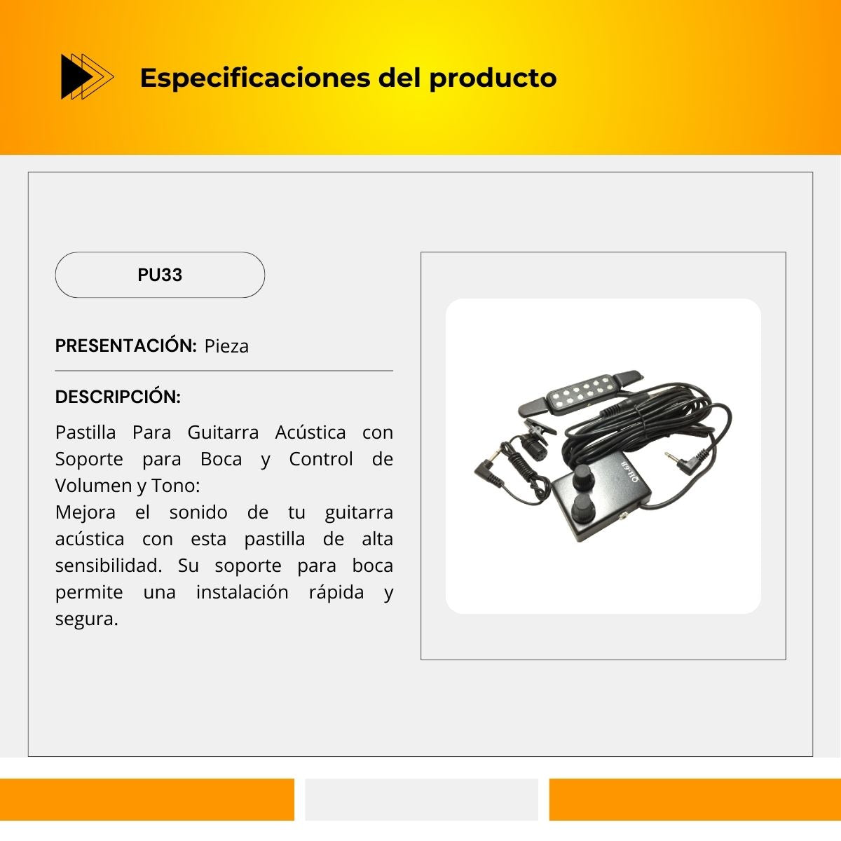 Pastilla Para Guitarra Acústica Soporte Para Boca Control De Volumen y Tono PU33