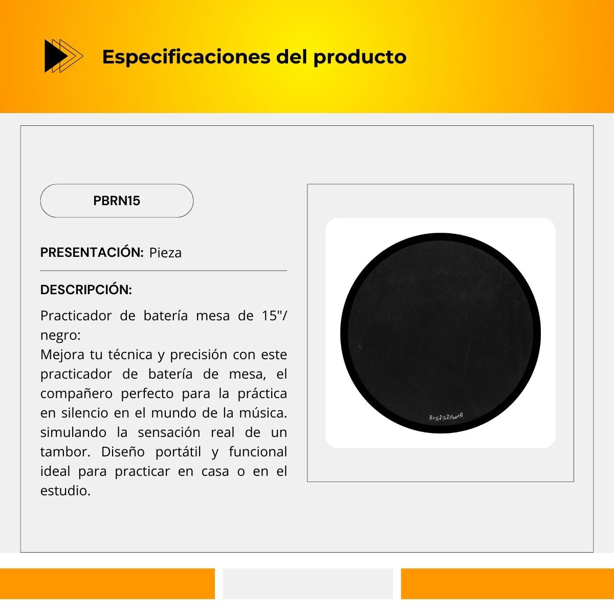 Practicador De Batería De Mesa De 15" Color Negro PBRN15