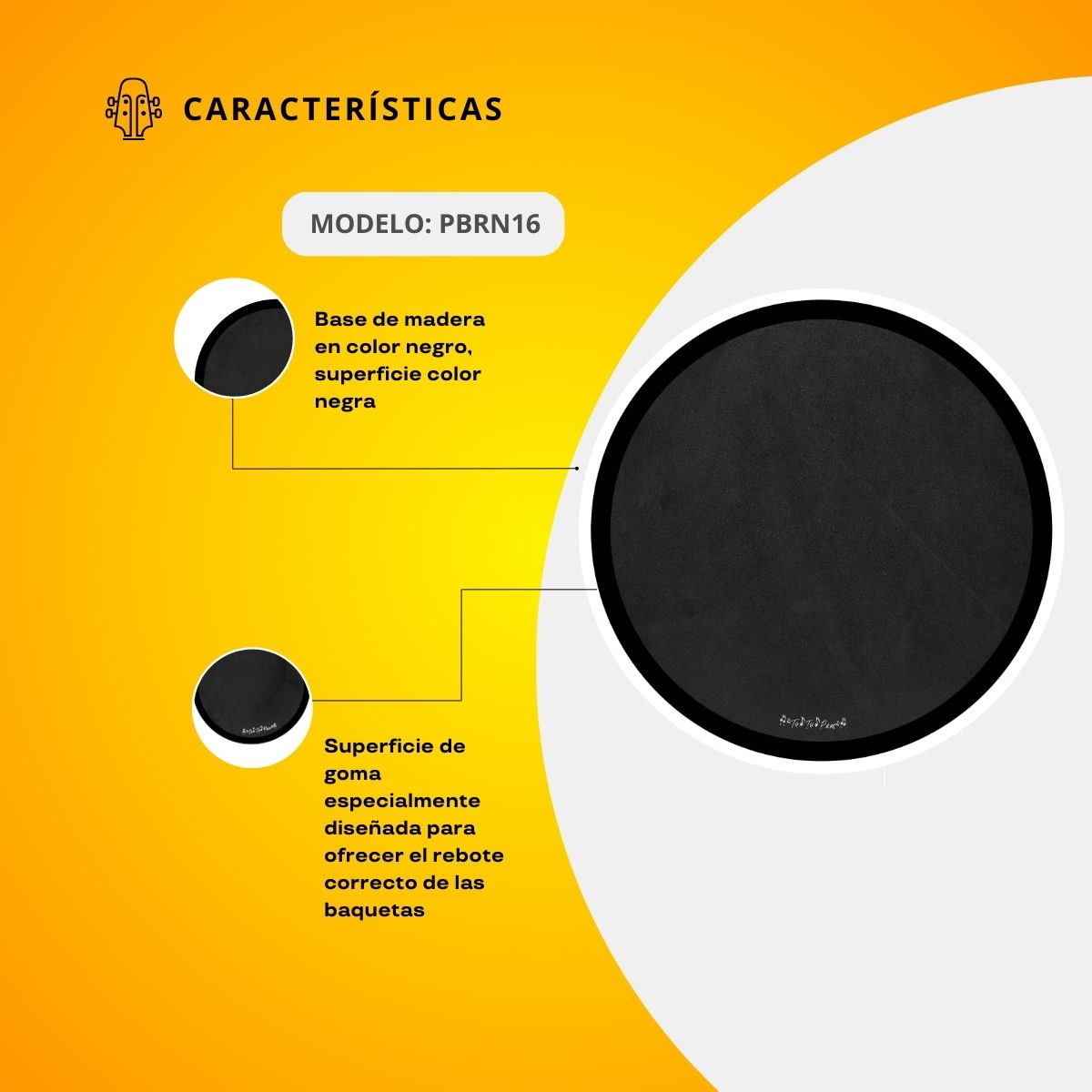 Practicador De Batería De Mesa De 16" Color Negro PBRN16