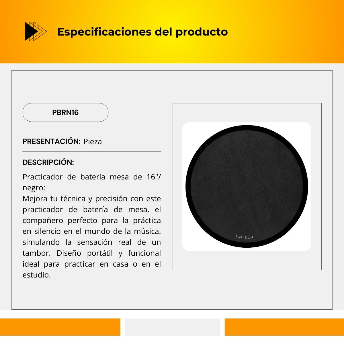 Practicador De Batería De Mesa De 16" Color Negro PBRN16