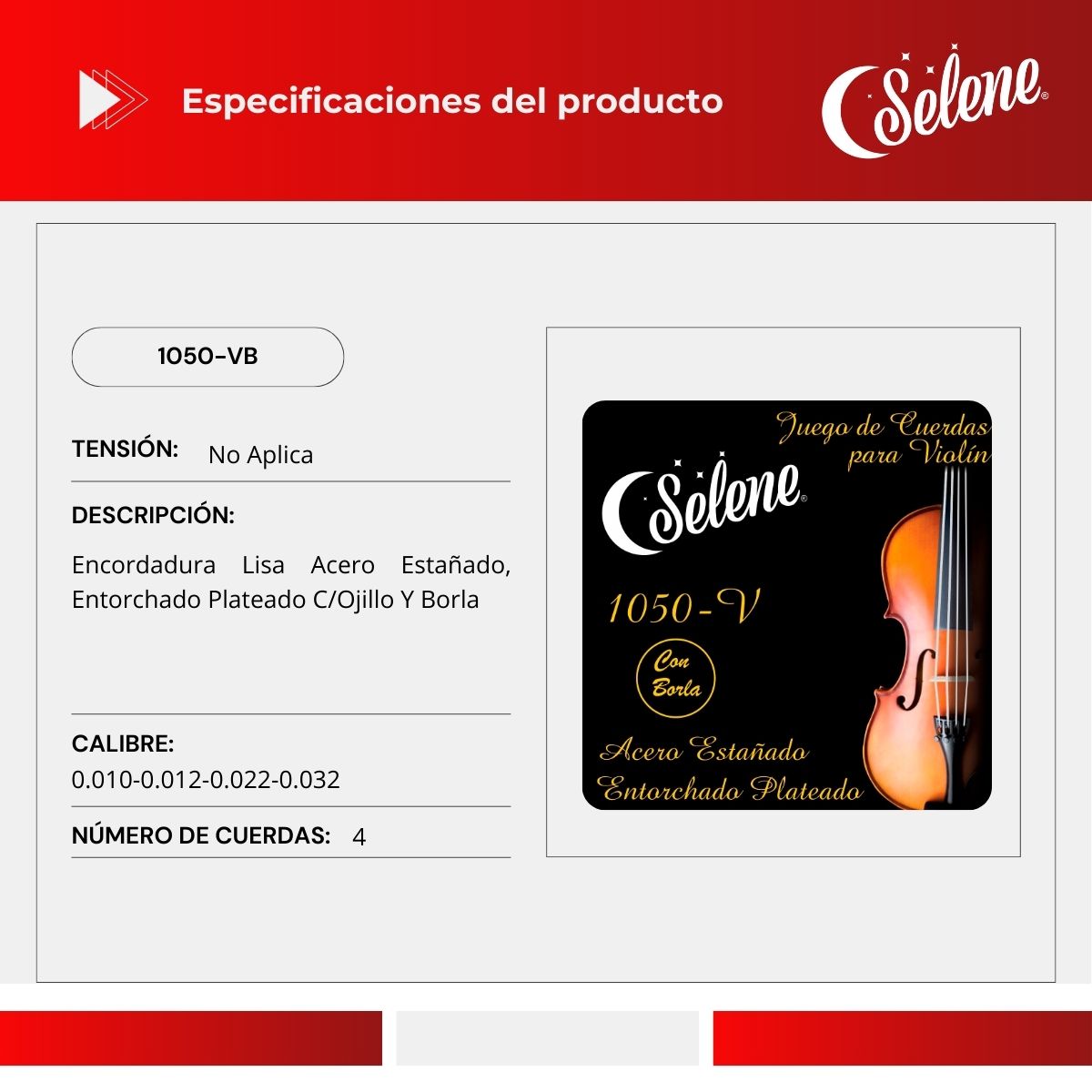 Cuerdas Para Violín 4/4 Selene 1050-VB Entorchado Plateado