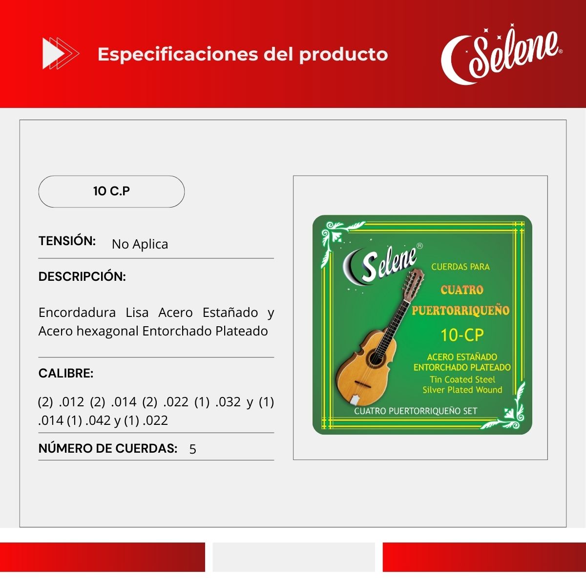 Cuerdas Para Cuatro Puertorriqueño Selene 10 C.P. Entorchado Plateado