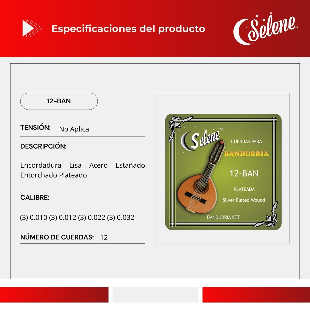 Cuerdas Para Bandurria Selene 12-BAN Entorchado Plateado