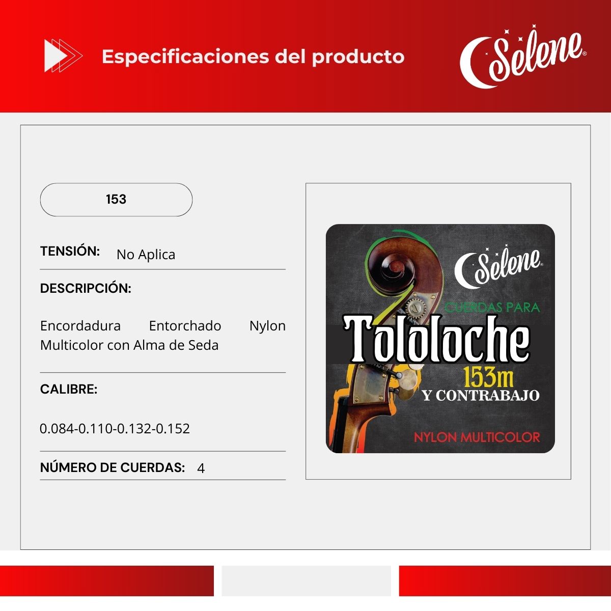 Cuerdas Para Tololoche Contrabajo Selene 153 Nylon Multicolor