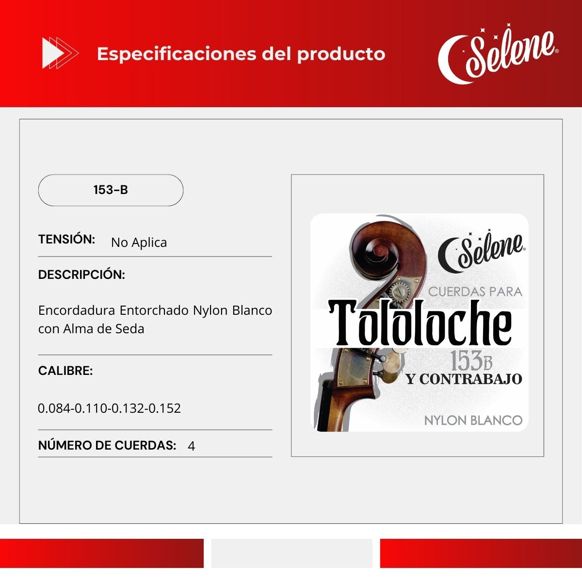 Cuerdas Para Tololoche Contrabajo Selene 153-B Nylon Blanco