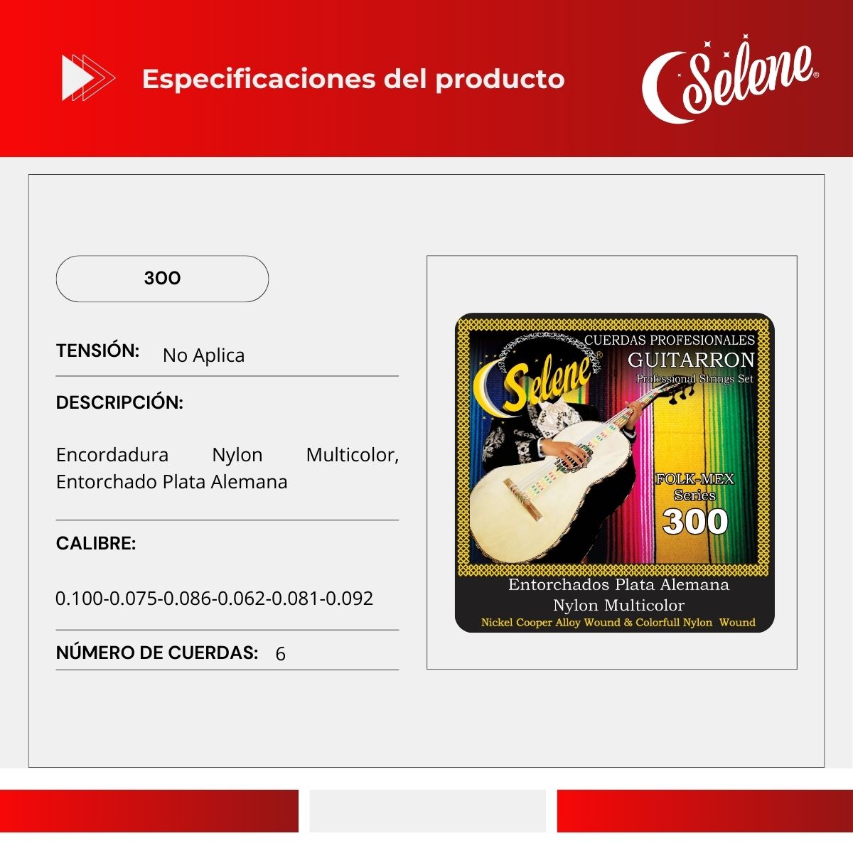 Cuerdas Para Guitarrón Selene 300 Entorchado Plata Alemana Nylon Multicolor