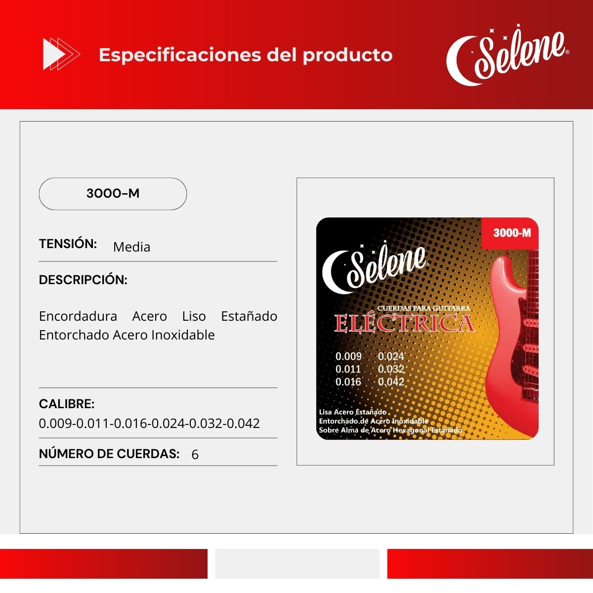 Selene Acero Inoxidable 09-42 Cuerdas Para Guitarra Eléctrica 3000-M