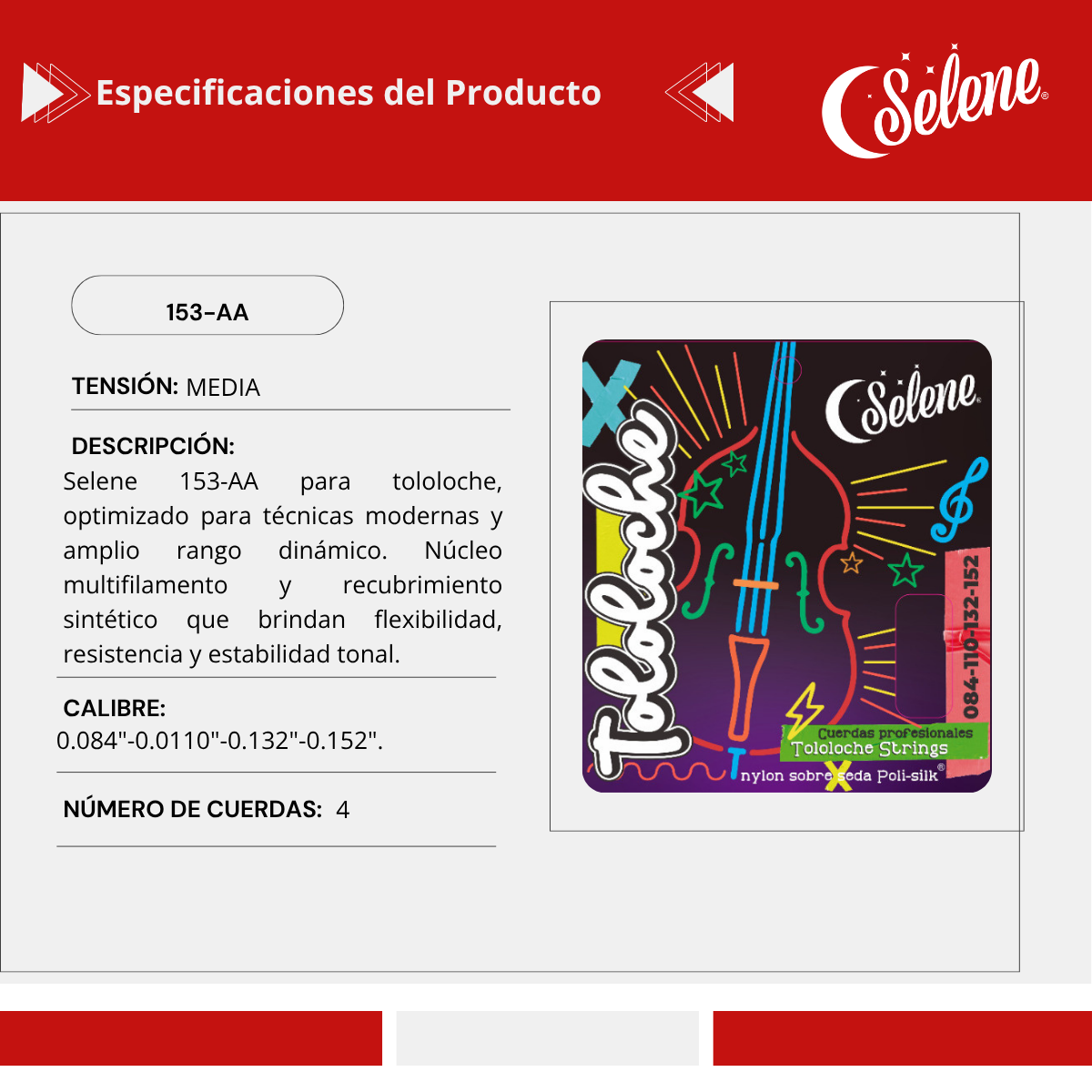 Cuerdas para Tololoche Contrabajo Selene 153-AA Nylon Amarillo Ambar