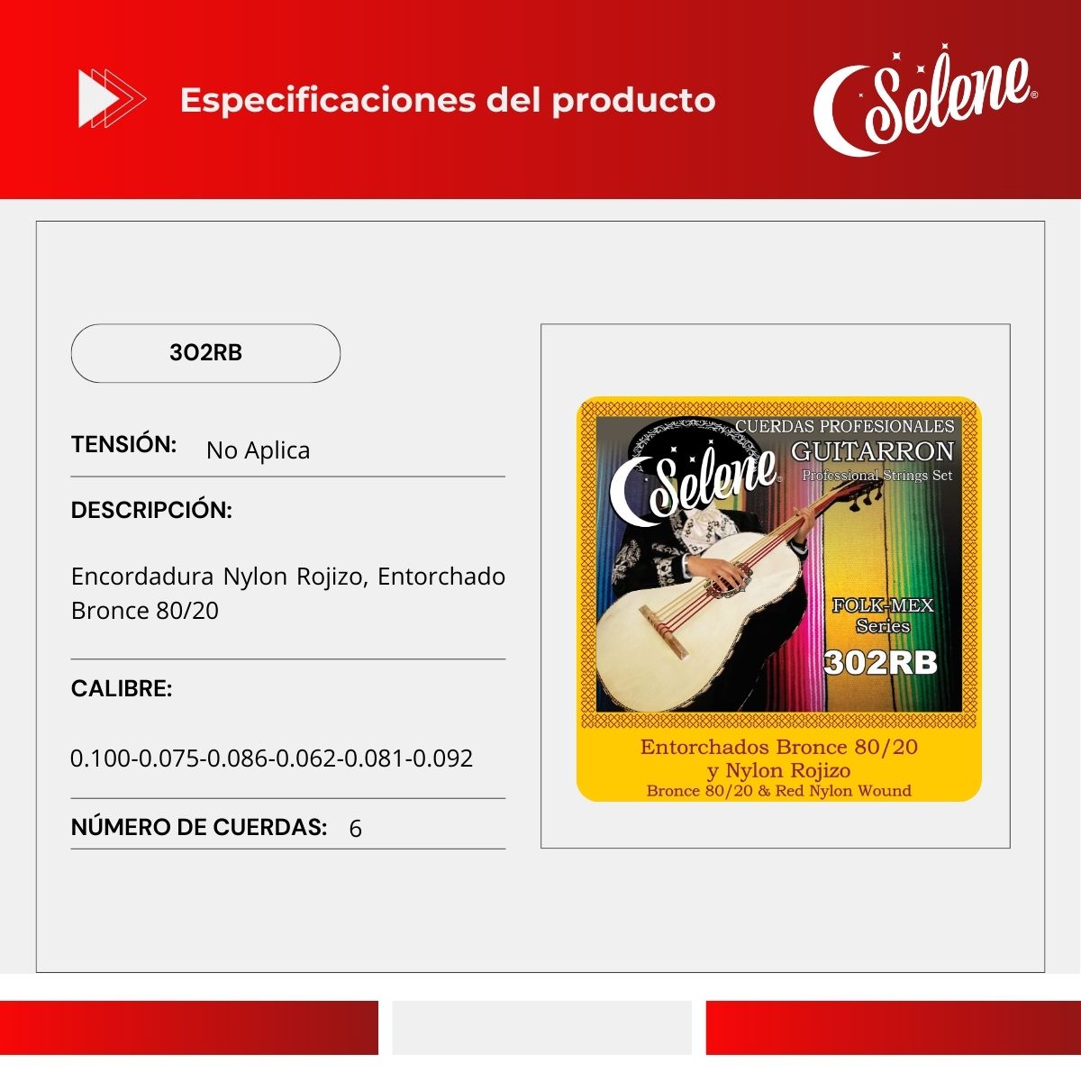 Cuerdas Para Guitarrón Selene 302RB Entorchado Bronce 80/20 Nylon Rojizo