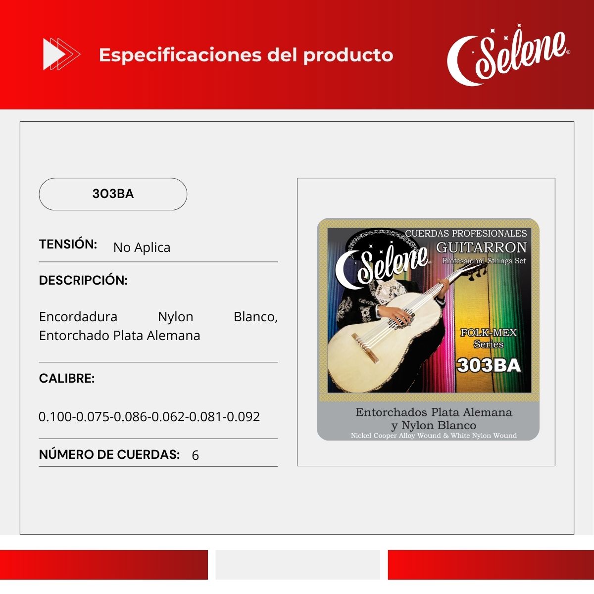Cuerdas Para Guitarrón Selene 303BA Entorchado Plata Alemana Nylon Blanco