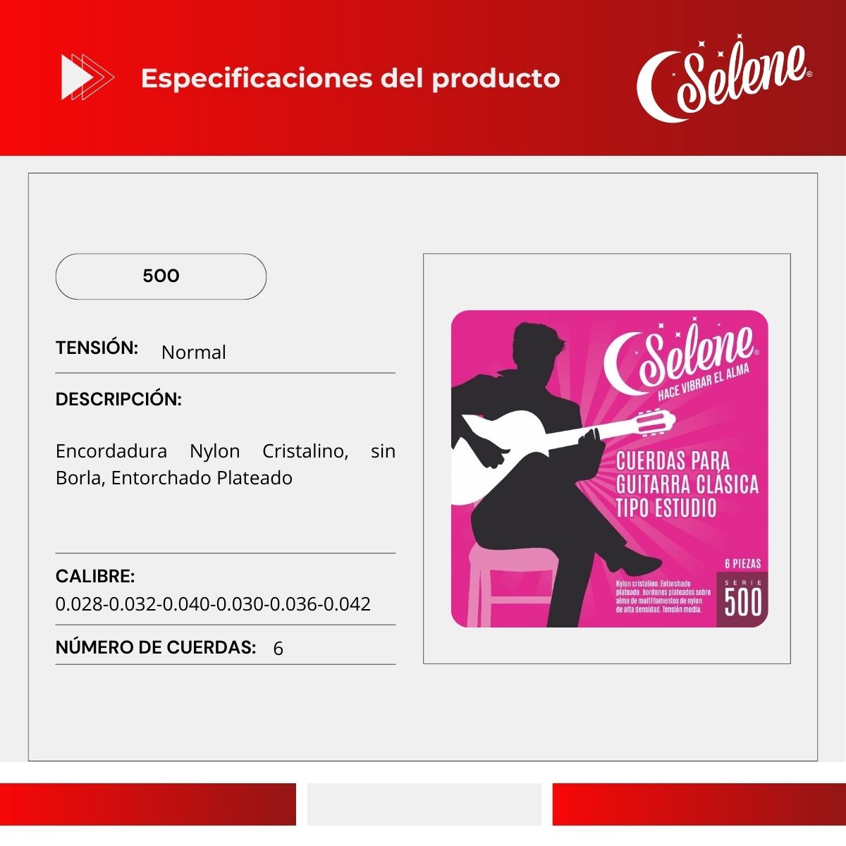 Cuerdas Para Guitarra Tipo Estudio Nylon Cristalino Selene 500