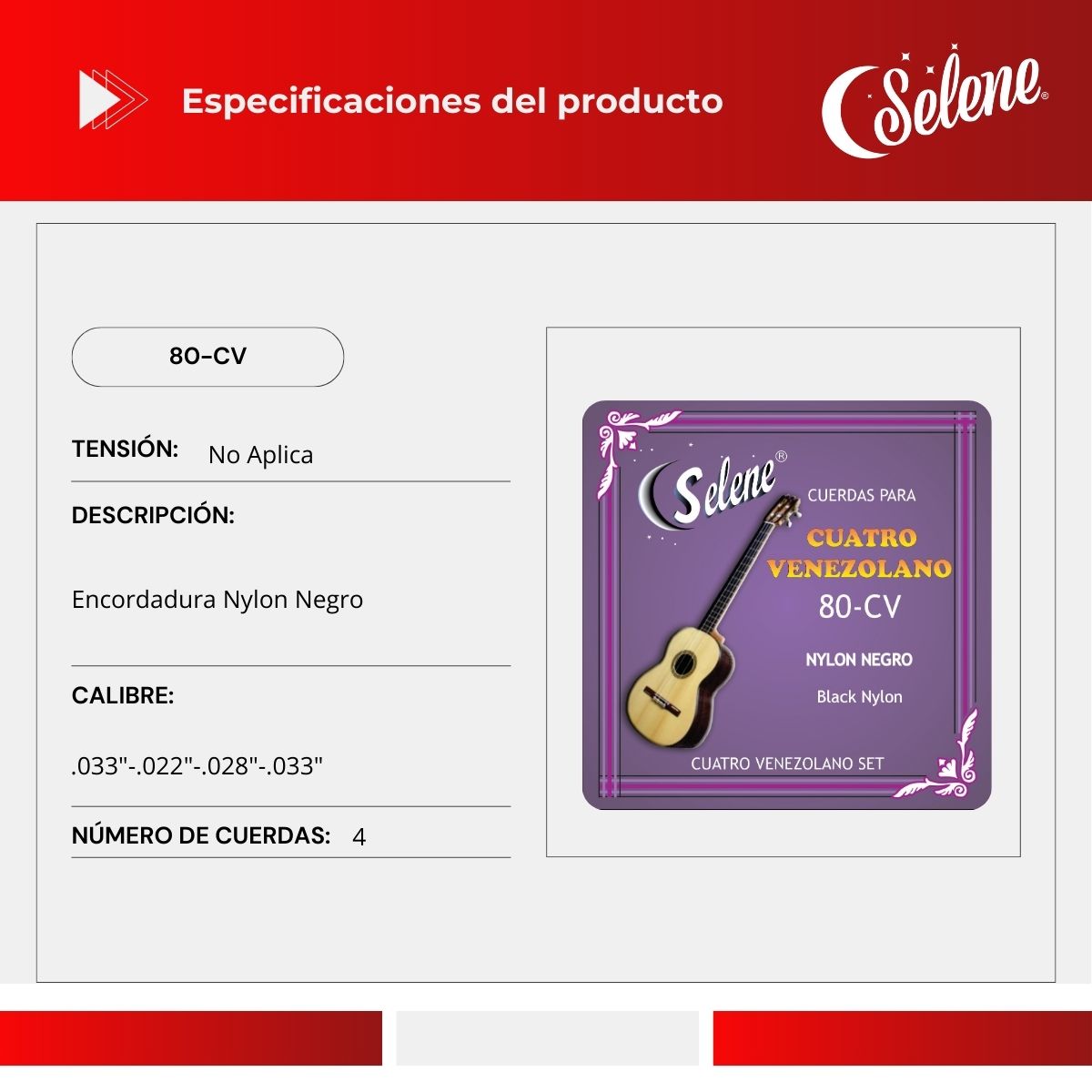 Cuerdas Para Cuatro Venezolano Selene 80-CV Nylon Negro
