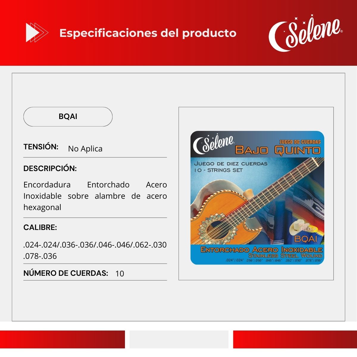 Cuerdas Para Bajo Quinto Selene BQAI Entorchado Acero Inoxidable