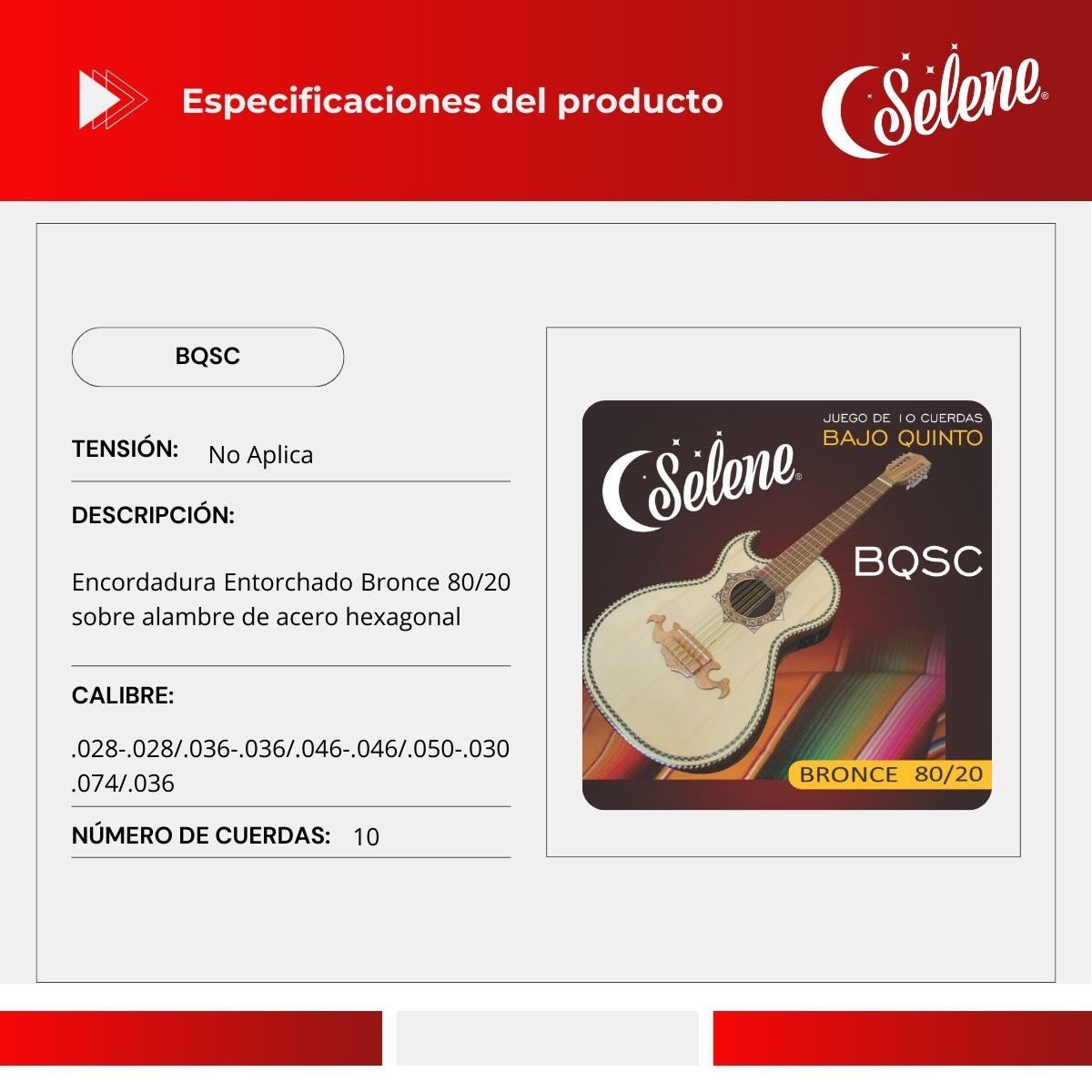 Cuerdas Para Bajo Quinto Selene BQSC Entorchado Bronce 80/20