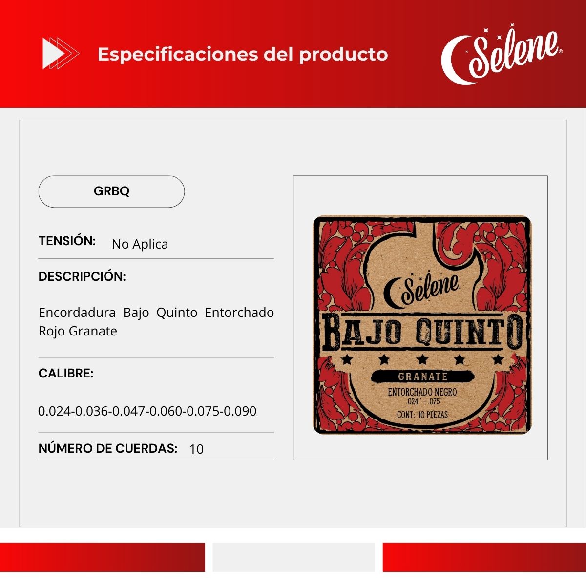 Cuerdas Para Bajo Quinto Selene GRBQ Entorchado Rojo Granate