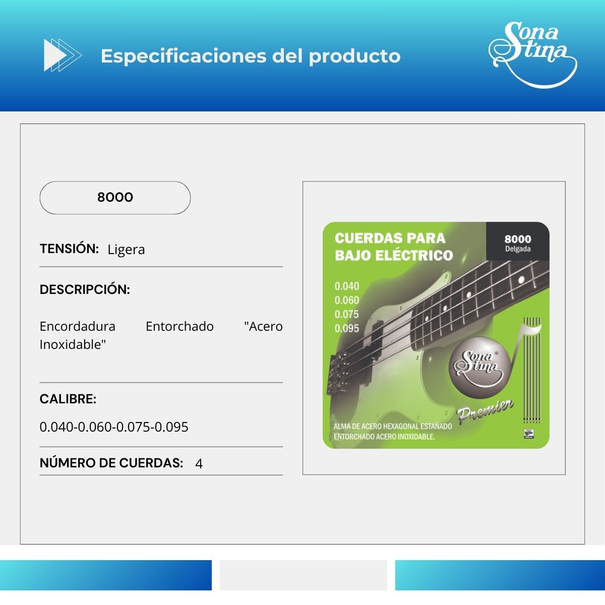 Cuerdas Para Bajo Eléctrico Premier 8000 Acero Inoxidable 40-95