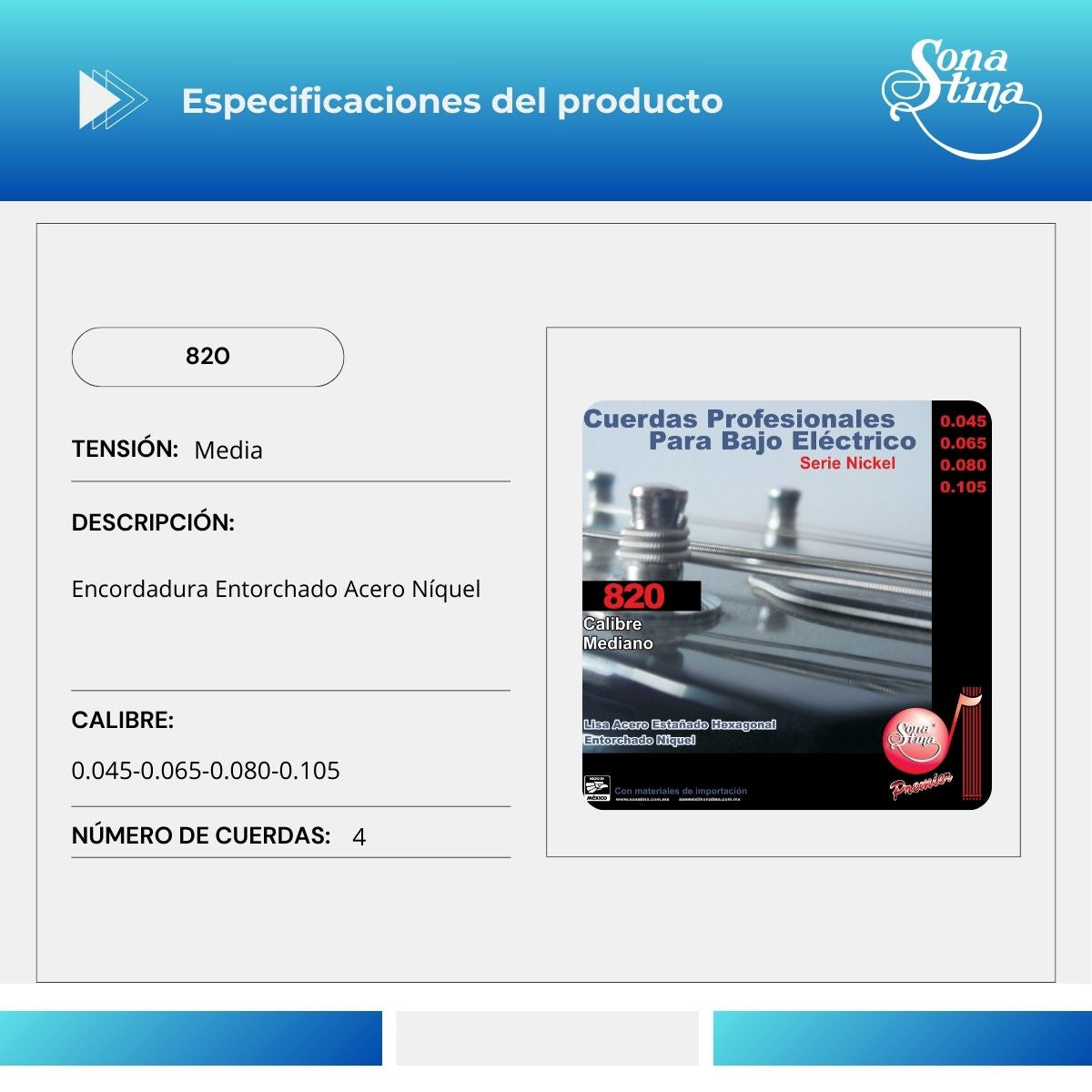 Cuerdas Para Bajo Eléctrico Premier 820 Acero Níquel 45-105