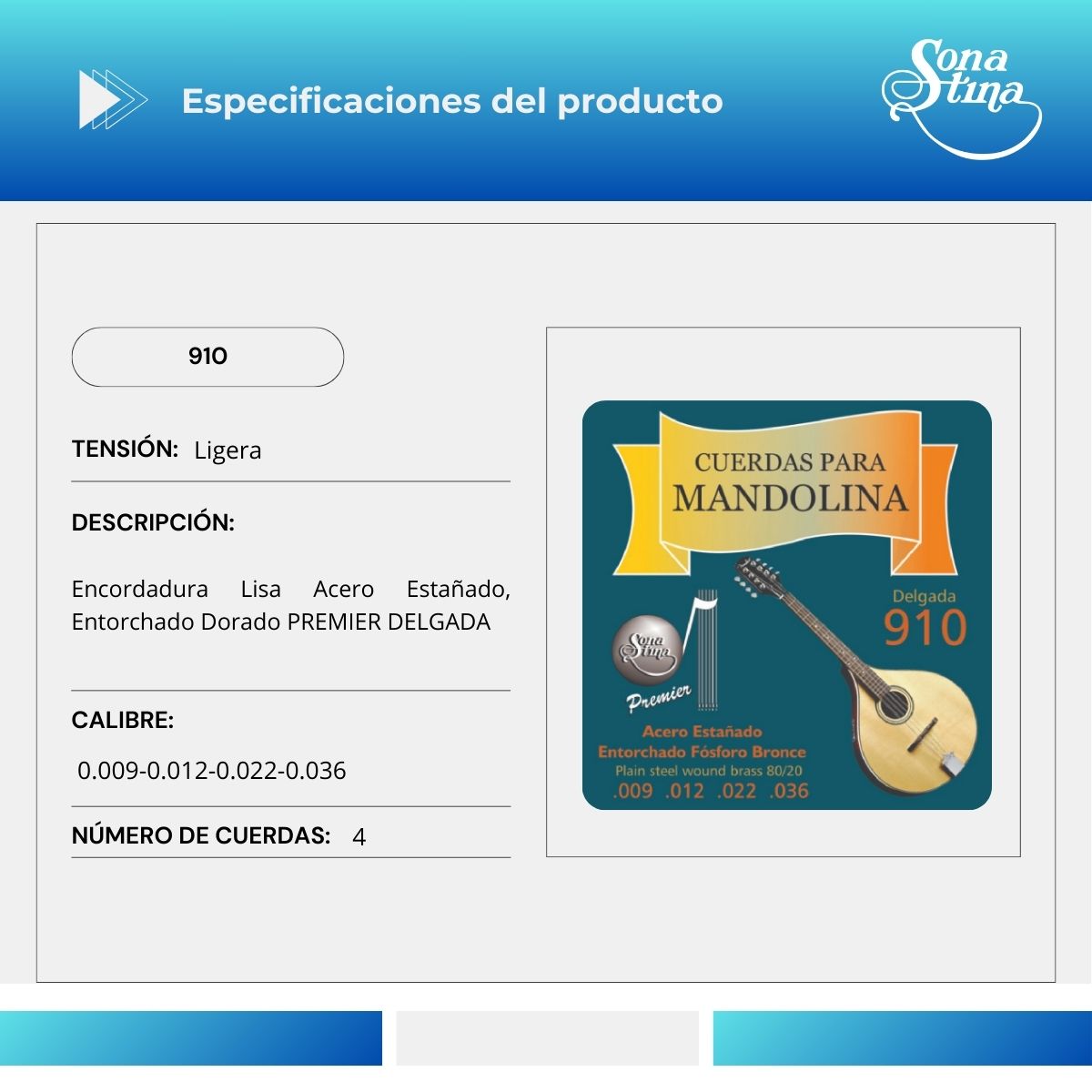 Cuerdas Para Mandolina Sonatina 910 Entorchado Dorado