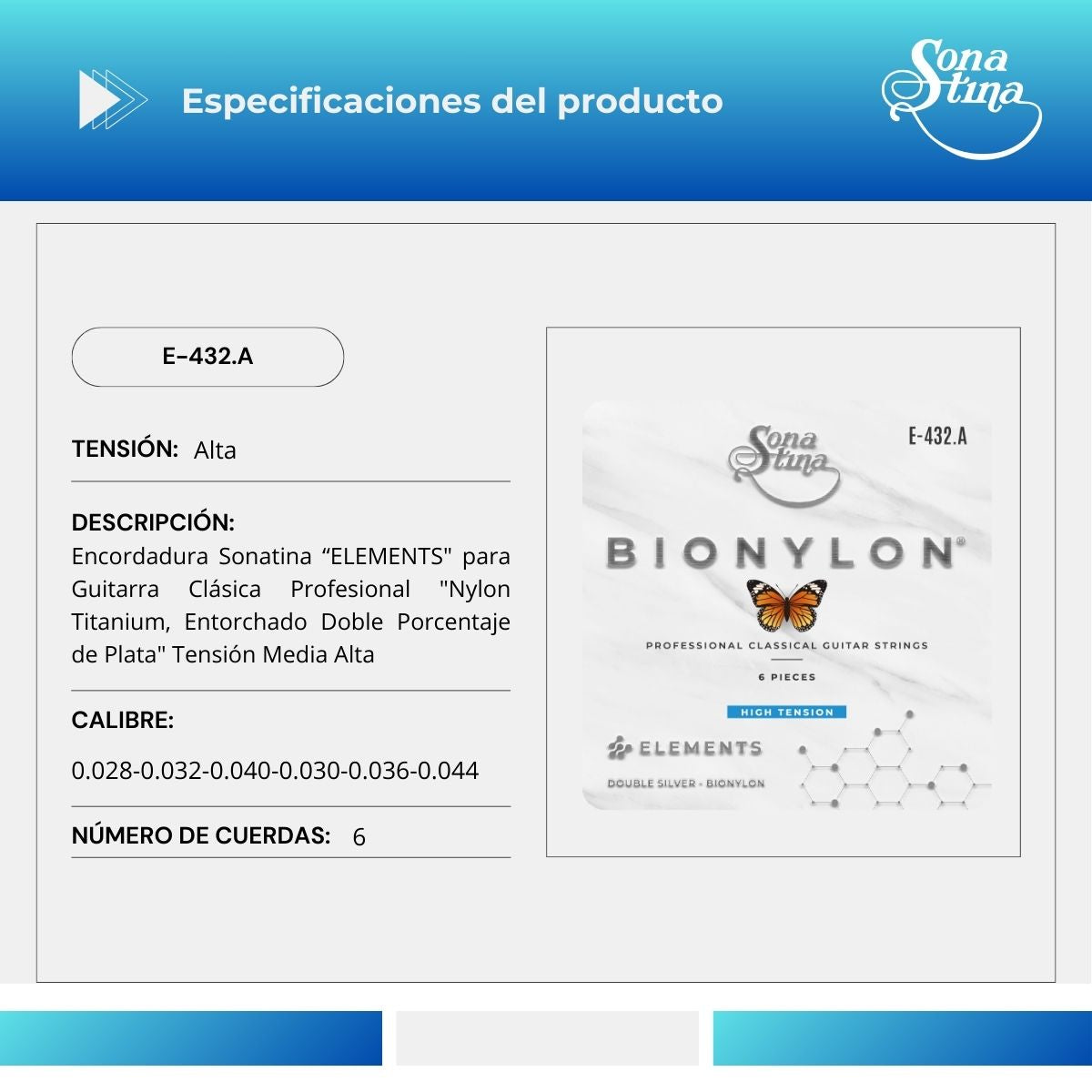 Elements Bionylon E-432.A Tensión Alta Cuerdas Para Guitarra Clásica