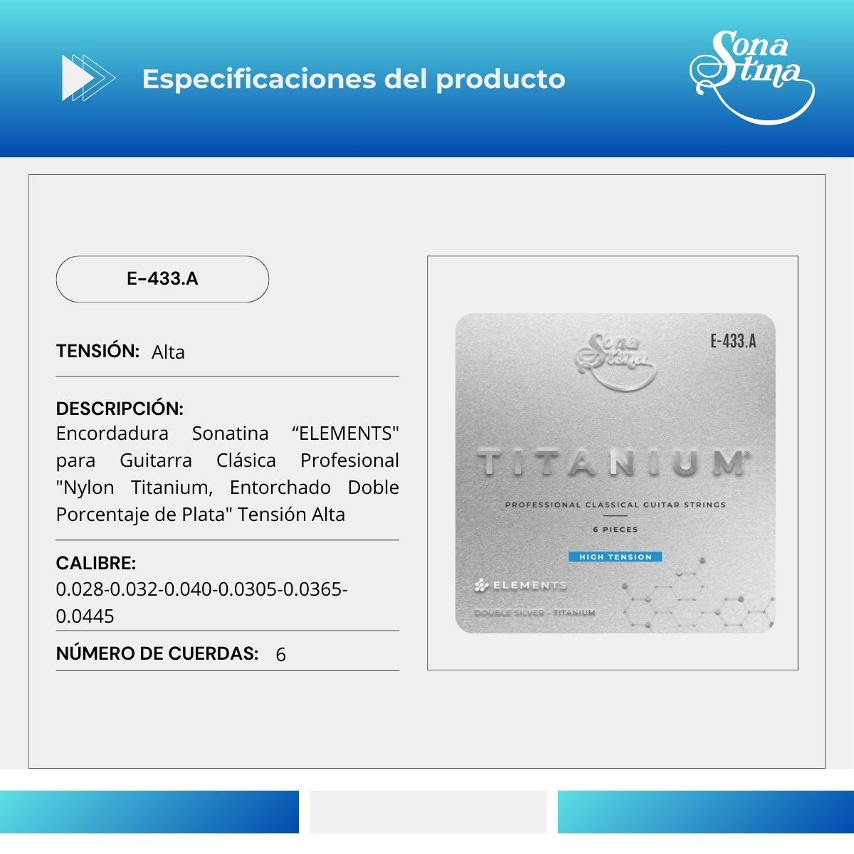 Elements Titanium E-433.A Tensión Alta Cuerdas para Guitarra Clásica