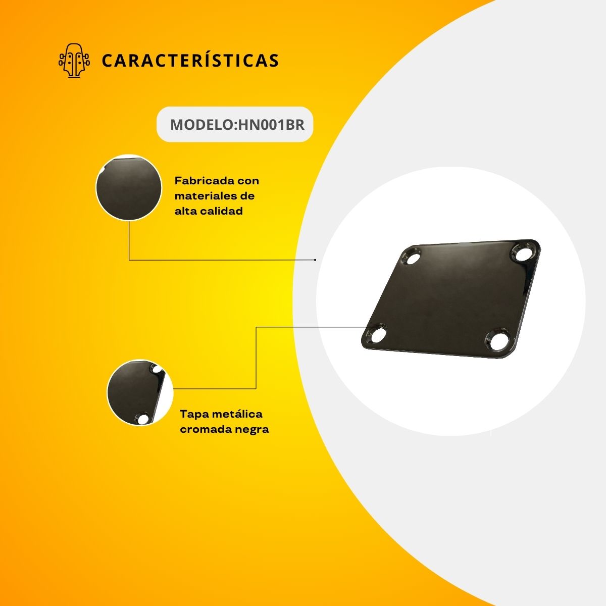 Tapa Metálica Cromada Color Negra Para Brazo de Guitarra Eléctrica HN001BR