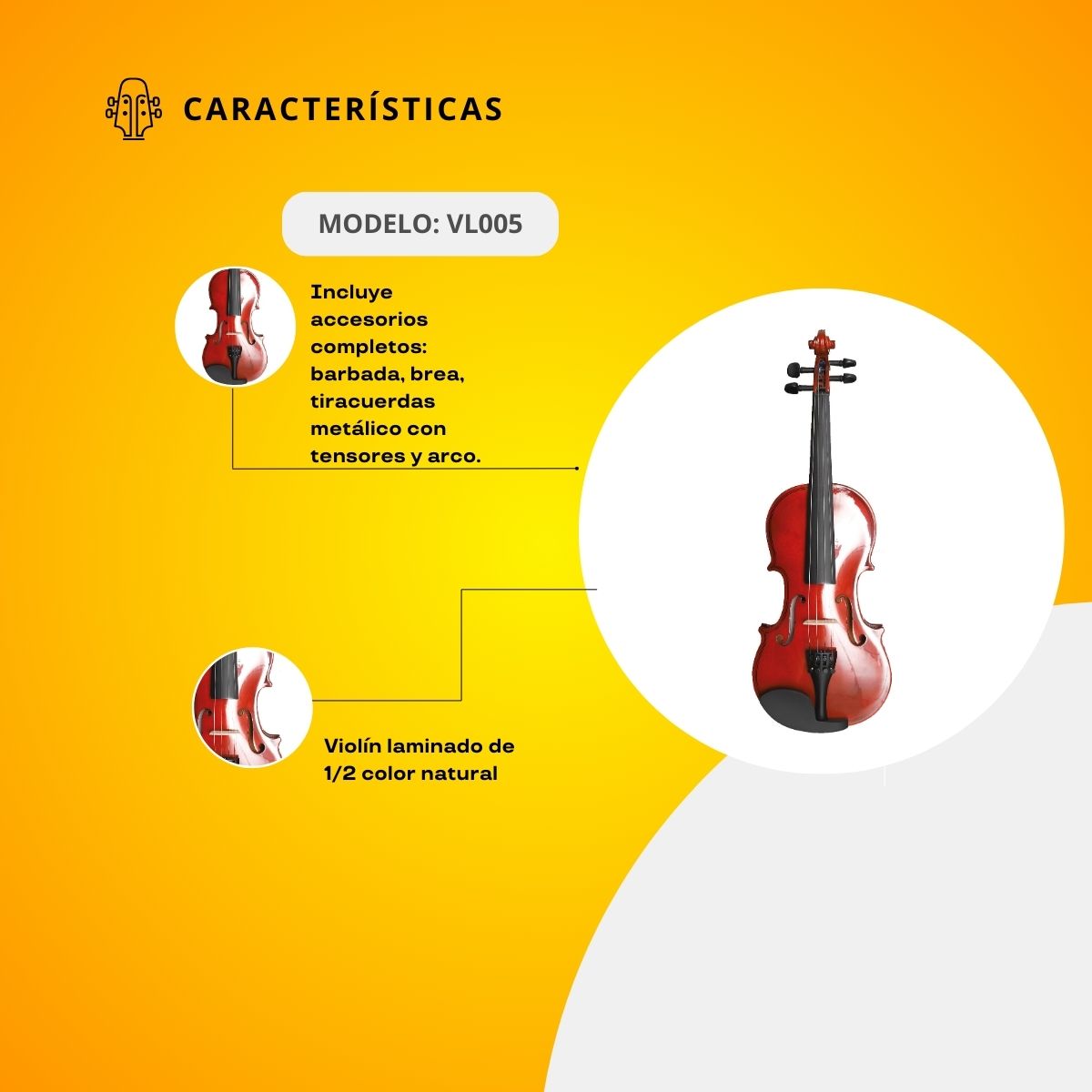 Violín De 1/2 Laminado Color Natural Con Accesorios VL005