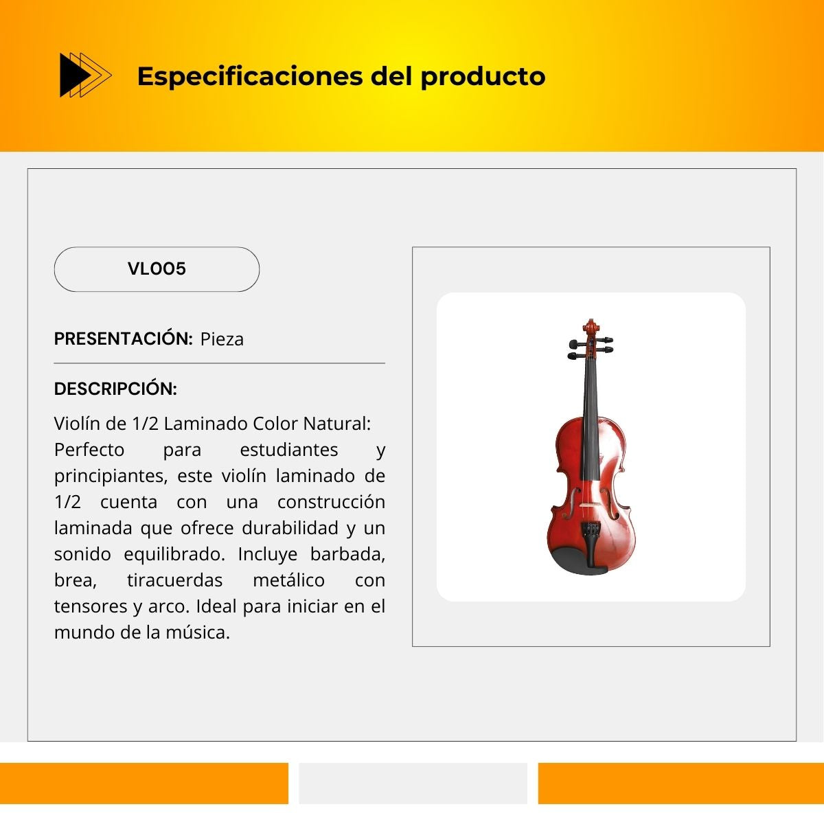 Violín De 1/2 Laminado Color Natural Con Accesorios VL005
