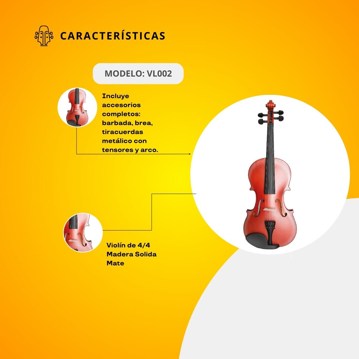 Violín De 4/4 Madera Solida Mate Con Accesorios VL002