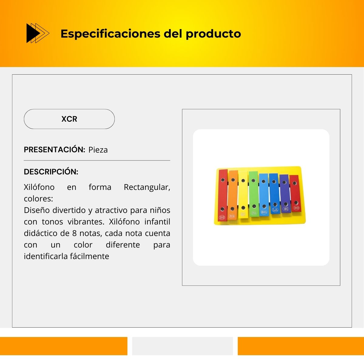 Xilófono Didáctico 8 Notas Forma Rectangular XCR