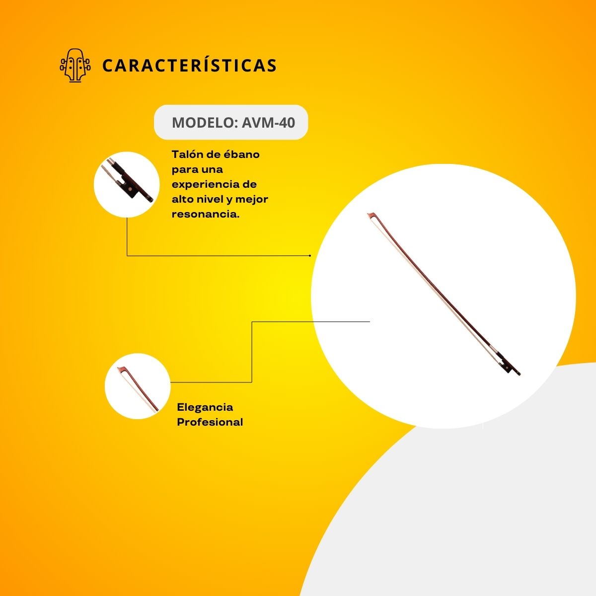 Arco Para Violín 4/4 Con Talón de Ébano e Incrustaciones de Abulón AVM-40