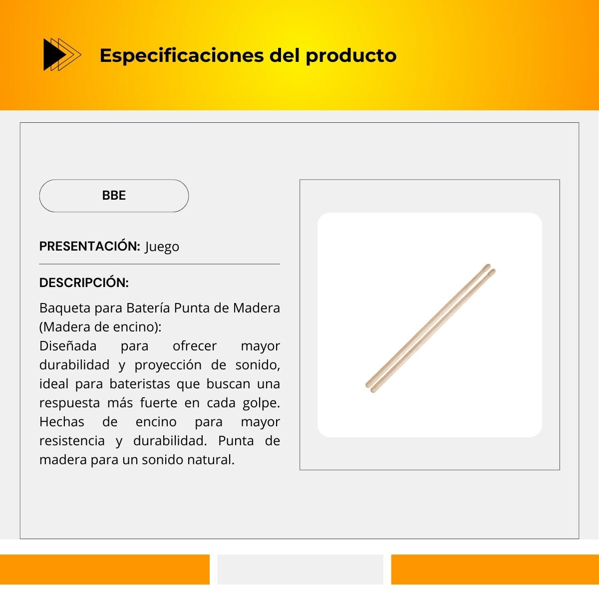 Baqueta Para Batería Punta De Madera BBE