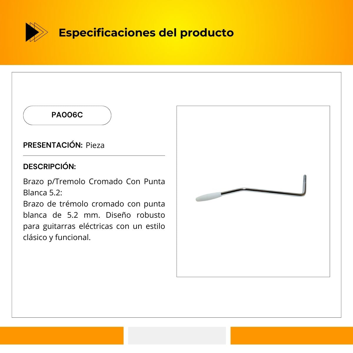 Brazo Para Tremolo Cromado Con Punta Blanca 5.2 PA006C