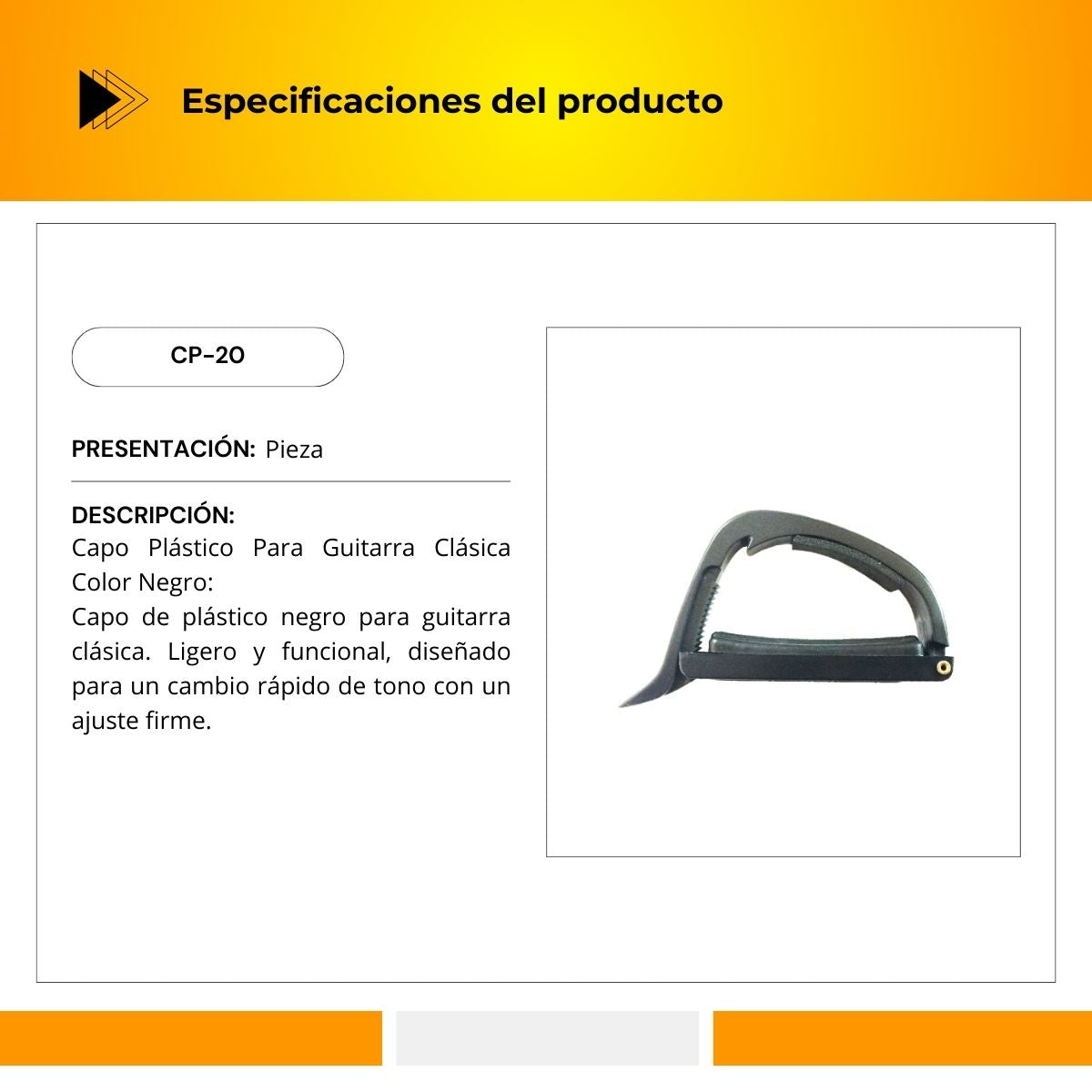Capo De Plástico Color Negro Para Guitarra Clásica CP-20