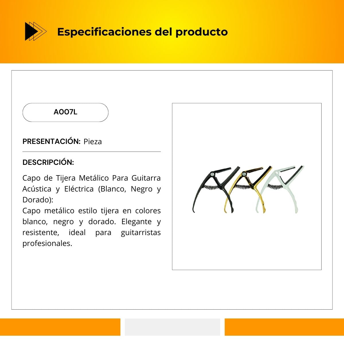 Capo Metálico Sistema De Tijera Para Guitarra Acústica/Eléctrica A007L