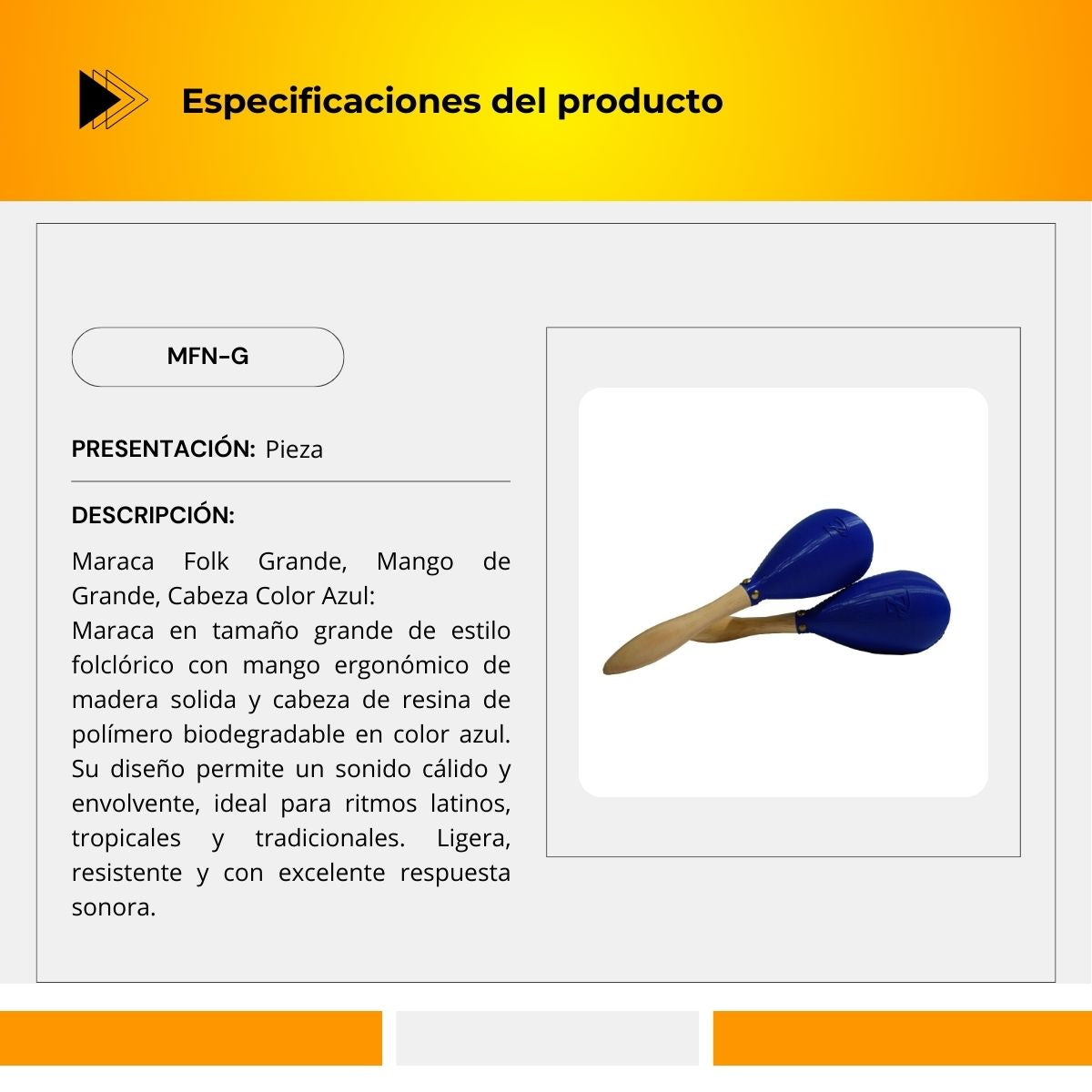 Maraca Folk Grande Mango de Madera Cabeza Color Azul MFA-G