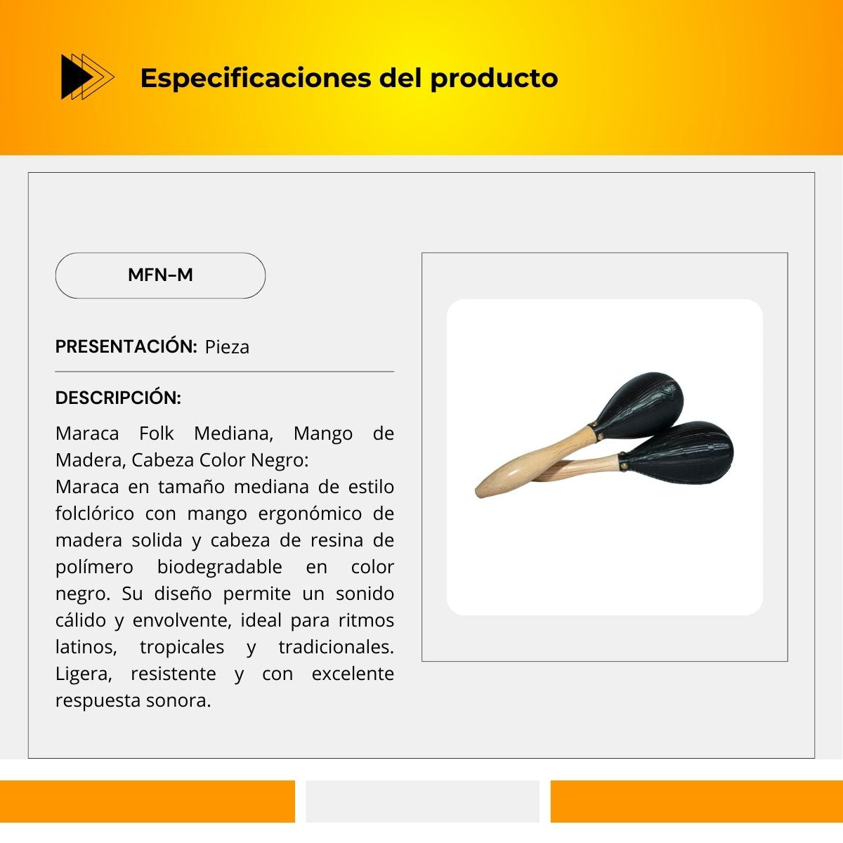 Maraca Folk Mediana Mango de Madera Cabeza color Negro MFN-M